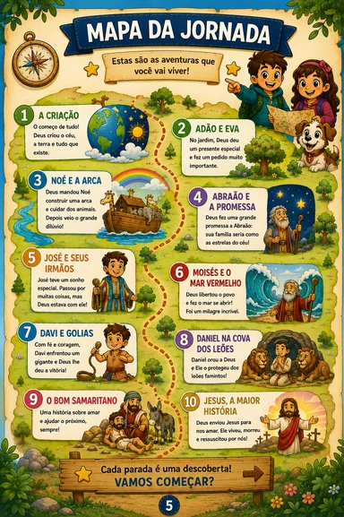 Mapa da jornada com as 10 histórias: A Criação, Adão e Eva, Noé e a Arca, Abraão e a Promessa, José e Seus Irmãos, Moisés e o Mar Vermelho, Davi e Golias, Daniel na Cova dos Leões, O Bom Samaritano e Jesus, a Maior História