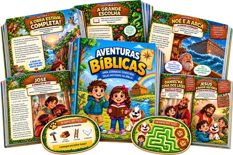 Mockup oficial do Aventuras Bíblicas com a capa e páginas do material