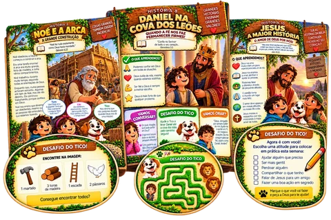 Mockup com os desafios das histórias de Noé, Daniel e Jesus em destaque ampliado