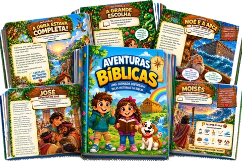 Mockup com a capa do Aventuras Bíblicas e várias páginas de histórias